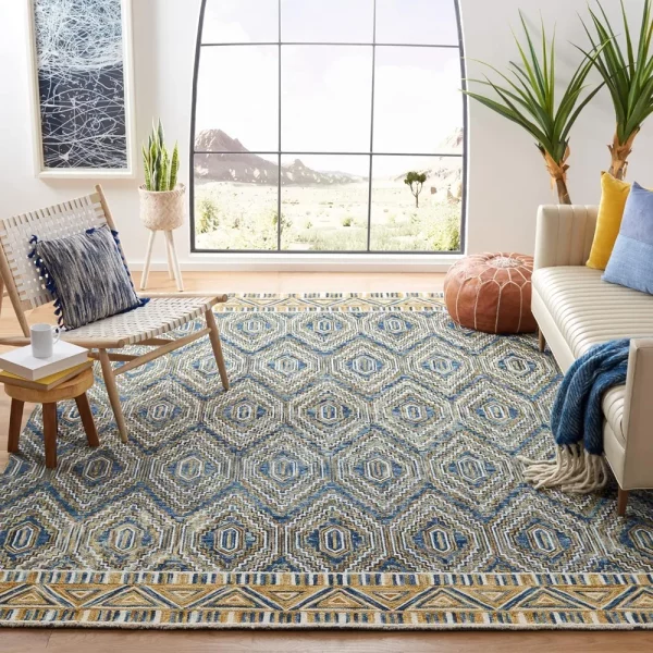 SAFAVIEH Aspen Collection Area Rug - 9' x 12', Blue & Gold, Handmade Boho Wool, Ideal for High Traffic Areas in Living Room, Bed
