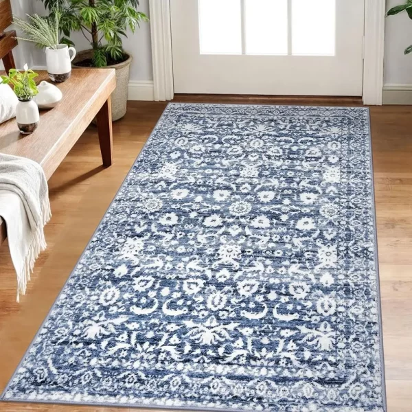 Light Blue & White 3x5 Vintage Floral Rug, Soft Faux Wool, Washable & Non-Slip for Entryway, Kitchen, Bedroom, or Office