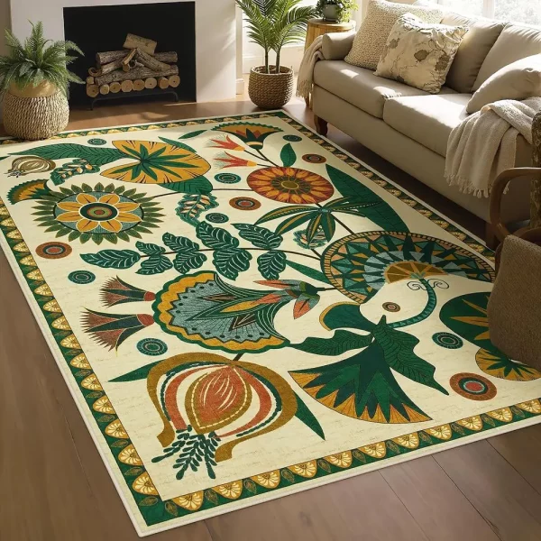 Vintage Beige Boho Floral 5x7 Rug, Washable for Living Room, Playroom, Bedroom, Non-Slip Indoor Carpet for Nursery, Dining, Entr