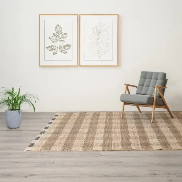 Hand Woven Jute & Cotton Grey Plaid Area Rug 6x9 ft, Durable & Eco-Friendly Home Décor, Perfect for Living Room or Bedroom,